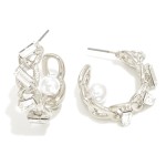 Wholesale rhinestone Studded Huggie Hoop Earring Pearl Accent L