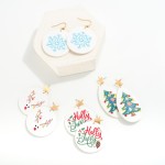 Leather Christmas Drop Earring Featuring Embroidered Snowflake 

- Approximately 2" L