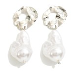 Wavy Metal Drop Earring With Pearl Dangle 

- Approximately 2" L