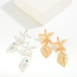 Linked Metal Starfish and Shell Drop Earrings With Rhinestone Details

- Approximately 2" L