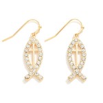 Wholesale rhinestone Pave Ichthus Fish Cross Drop Earrings L