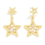 Textured Metal Star Drop Earrings With Rhinestone Details

- Approximately 1.5" L