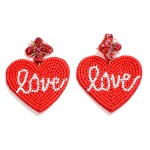 Seed Beaded 'Love'  Heart Drop Earring With Rhinestone Accented Post

- Approximately 2" L