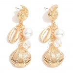 Wholesale linked Metal Shell Drop Earrings Pearl Faceted Bead Accents L