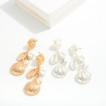 Wholesale linked Metal Shell Drop Earrings Pearl Faceted Bead Accents L