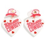 "Kiss me Cowboy" Glitter Acetate Heart Drop Earrings With Cowboy Hat Stud Posts

- Approximately 1.75" L