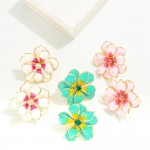 Wholesale painted Metal Stacked Flower Earrings Rhinestone Center L