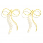 Simple Metal Tone Bow Drop Earrings With Pearl Accent

- Approximately 1.5" L 
