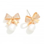 Wholesale metal Cubic Zirconia Studded Bow Earrings Pearl Accent L