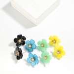 Acetate Flower Stud Earrings With Rhinestone Accents 

- Approximately .75" L