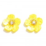 Acetate Flower Stud Earrings With Rhinestone Accents 

- Approximately .75" L