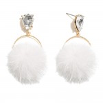 Metal Tone Hoop Post Drop Earrings Featuring Faux Fur Pom Pom & Rhinestone Post

- Approximately 2" L