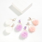 Metal Tone Hoop Post Drop Earrings Featuring Faux Fur Pom Pom & Rhinestone Post

- Approximately 2" L