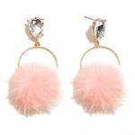 Metal Tone Hoop Post Drop Earrings Featuring Faux Fur Pom Pom & Rhinestone Post

- Approximately 2" L