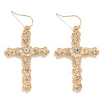 Metal Tone Flower Cross Drop Earrings Featuring Rhinestone Details 

- Approximately 2" L