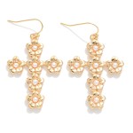 Metal Tone Flower Cross Drop Earrings Featuring Pearl Details 

- Approximately 2" L
- Hypoallergenic Brass Hook