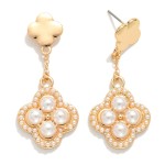 Wholesale metal Clover Post Drop Earrings Chain Linked Pearl Studded Clover L Hy