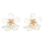 Wholesale iridescent Flower Oversized Stud Earrings Rhinestone Details Hypoaller