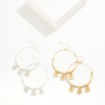 Metal Tone Drop Hoop Earrings Featuring Hammered Metal Circle Charms 

- Approximately 2.25" L