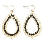 Gold Tone Scalloped Teardrop Drop Earrings Featuring Wood Details 

- Approximately 2" L