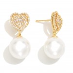 Do Everything In Love Cubic Zirconia Heart Post Drop Earrings featuring Pearl Accent 

- Brass Base
- Hypoallergenic
- White / 14K Gold Dipped
- Made In Korea
- Approximately 1" L