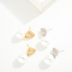 Do Everything In Love Cubic Zirconia Heart Post Drop Earrings featuring Pearl Accent 

- Brass Base
- Hypoallergenic
- White / 14K Gold Dipped
- Made In Korea
- Approximately 1" L