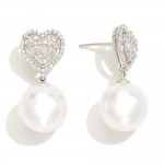 Do Everything In Love Cubic Zirconia Heart Post Drop Earrings featuring Pearl Accent 

- Brass Base
- Hypoallergenic
- White / 14K Gold Dipped
- Made In Korea
- Approximately 1" L