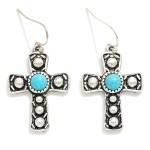 Wholesale metal Western Cross Drop Earrings Turquoise Accent L
