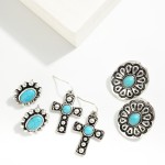 Wholesale metal Western Cross Drop Earrings Turquoise Accent L