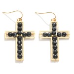 Wholesale natural Stone Beaded Cross Drop Earrings Gold Metal Framing L