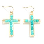 Wholesale natural Stone Beaded Cross Drop Earrings Gold Metal Framing L