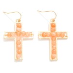 Wholesale natural Stone Beaded Cross Drop Earrings Gold Metal Framing L