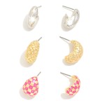 Wholesale set Three Metal Teardrop Post Drop Earrings Basket Weave Checkered Ena