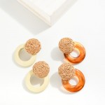 Wholesale raffia Wrapped Post Drop Earrings Wood Hoop L