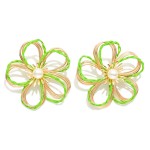 Wholesale gold Metal Wire Flower Oversized Stud Earrings Raffia Twist Pearl Deta