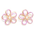 Wholesale gold Metal Wire Flower Oversized Stud Earrings Raffia Twist Pearl Deta