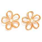 Wholesale gold Metal Wire Flower Oversized Stud Earrings Raffia Twist Pearl Deta