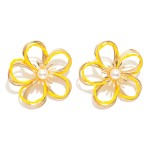 Wholesale gold Metal Wire Flower Oversized Stud Earrings Raffia Twist Pearl Deta