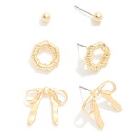 Wholesale set Three Metal Stud Earrings Bows Twisted Hoops W