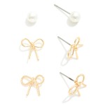 Wholesale set Three Stud Earrings Metal Bows Simple Pearl Studs L