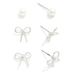 Wholesale set Three Stud Earrings Metal Bows Simple Pearl Studs L