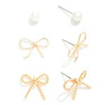 Wholesale set Three Stud Earrings Metal Bows Simple Pearl Studs L