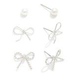 Wholesale set Three Stud Earrings Metal Bows Simple Pearl Studs L