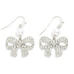 Rhinestone Studded Bow Drop Earrings With Pearl Detail 

- Approximately 1.25" L