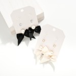 Wholesale set Three Dainty Pearl Rhinestone Stud Earrings Ribbon Bow Charms L