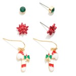 Wholesale set Three Christmas Themed Earrings Christmas Present Bows Candy Canes