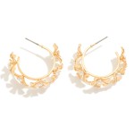Wholesale pearl Studded Metal Flowers Hoop Earrings D