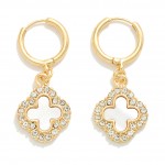 Wholesale huggie Hoop Earrings Pearlescent Clover Charms Rhinestone Border L