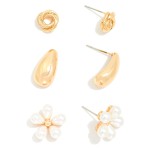 Wholesale set Three Metal Pearl Flower Stud Earrings L