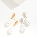 Wholesale linked Textured Metal Pearl Drop Earrings L